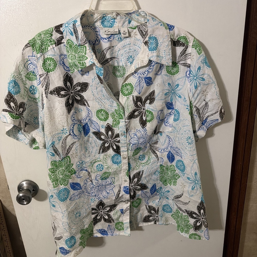 Kim Rogers 100% Linen Floral Button Blouse Plus 2X Collar V-neck Short Sleeve